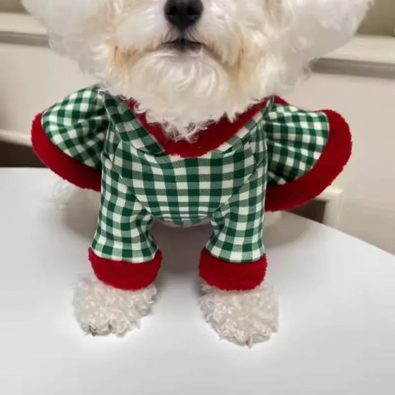 Plaid dog hoodie and Christmas pet princess dress in milk silk fabric, snowman pattern, sizes XS-XXL for small dogs and cats