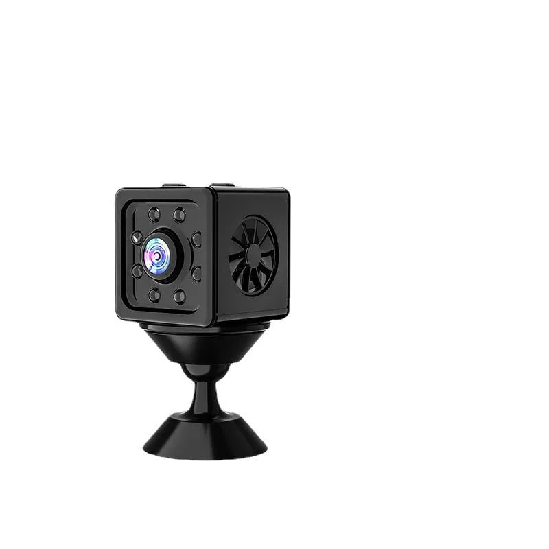 Black cubic network security camera with sports tracking function mounted on included bracket