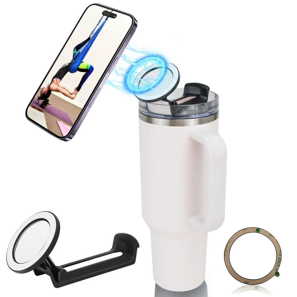 Black universal plastic car cup holder mobile phone mount with phone inserted