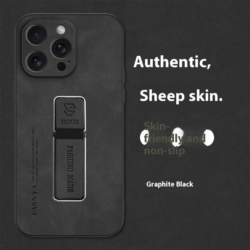 Magnetic bracket sheepskin protective cover for Apple iPhone, all-inclusive shockproof case with kickstand in black