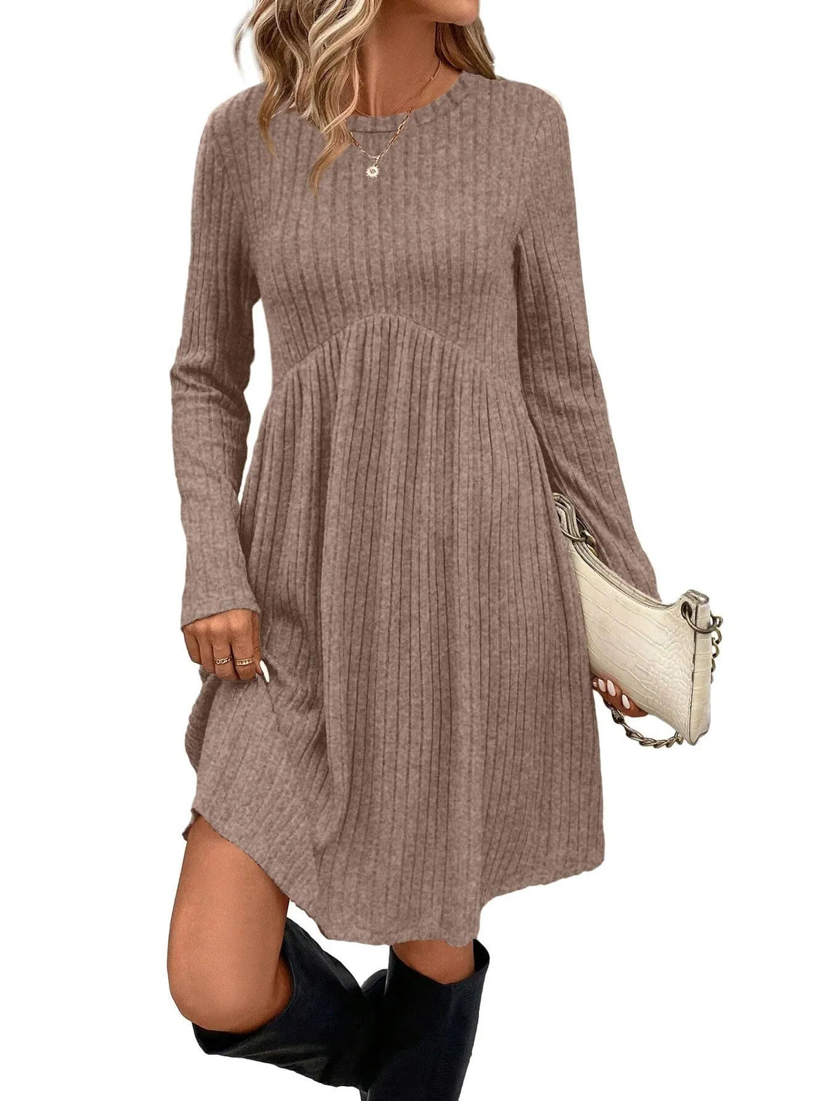 Women's bohemian brushed sunken stripe princess dress with wide waist and mid skirt in solid colour