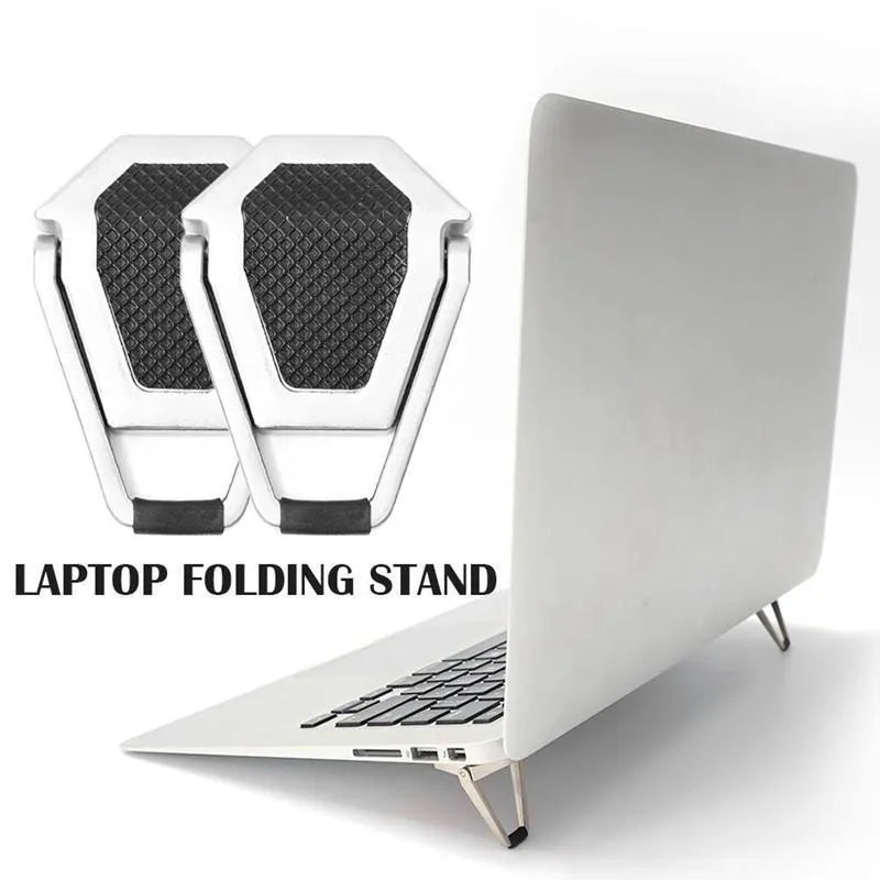Small foldable aluminium laptop stand in silver colour next to laptop for size comparison