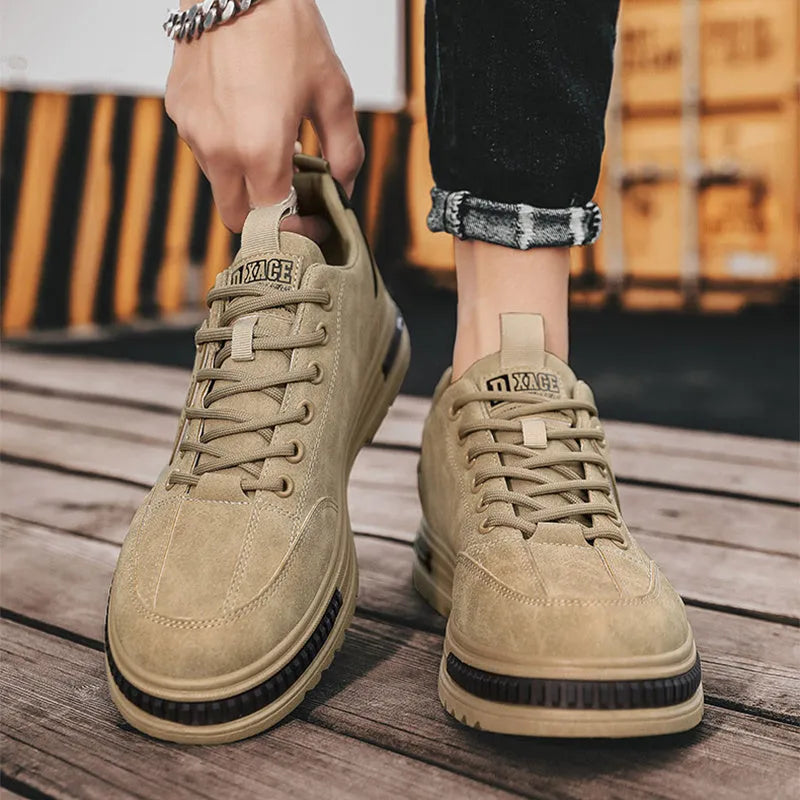 Men's black lace-up casual sneakers with artificial PU upper and rubber sole, flat heel, round toe