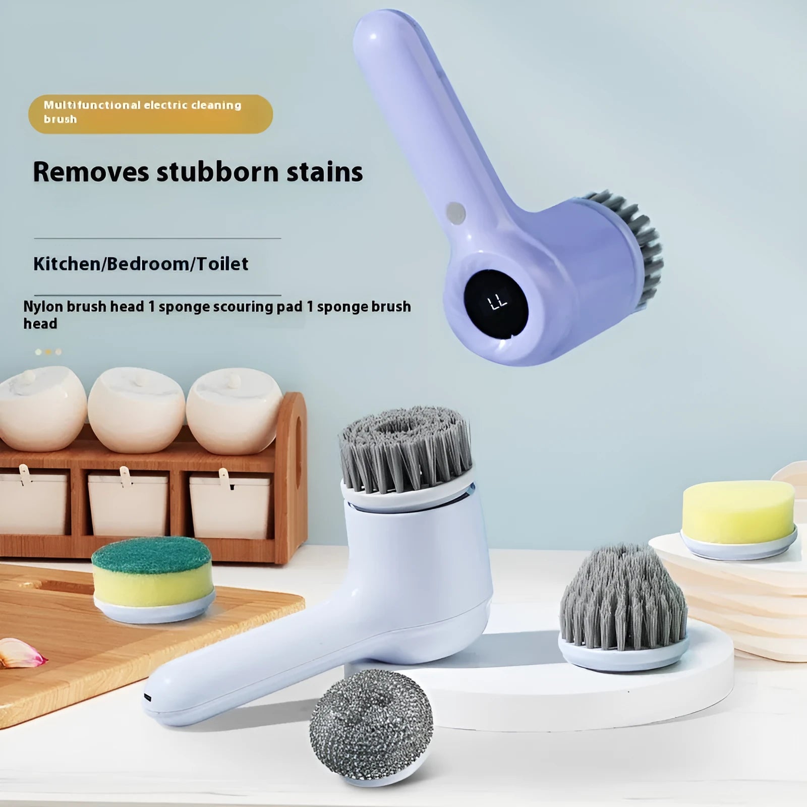 Light grey and purple USB rechargeable electric cleaning brushes with multiple scrub heads.