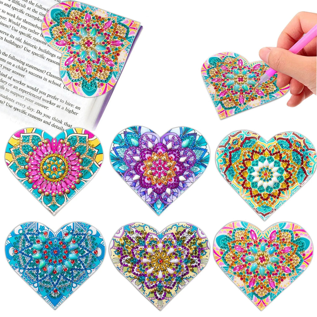 Set of six handmade PU leather bookmarks with crystal details and floral painting.