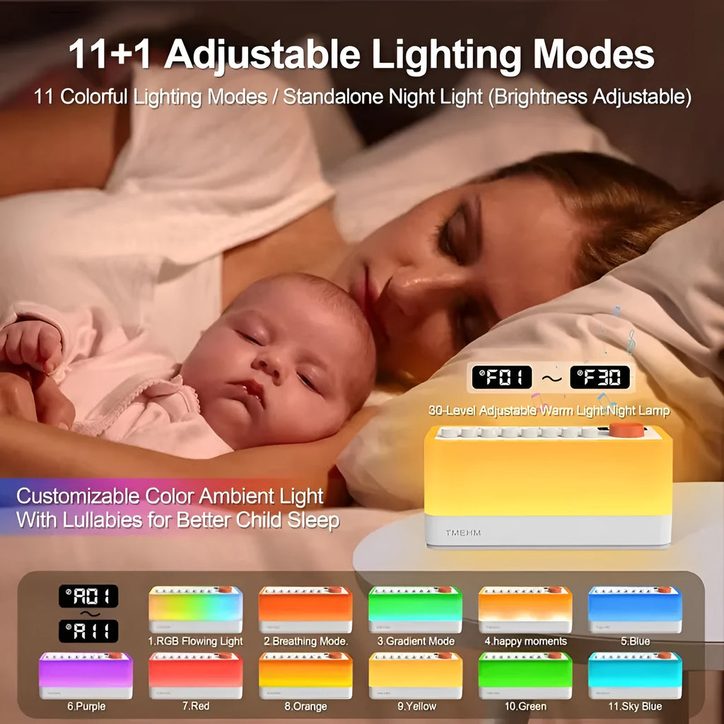 White Noise Sleep Sound Machine DIY Bluetooth-compatible Stereo Light RGB Seven-color Atmosphere Night Light with 8 Sleep Sounds and 2600mAh Battery