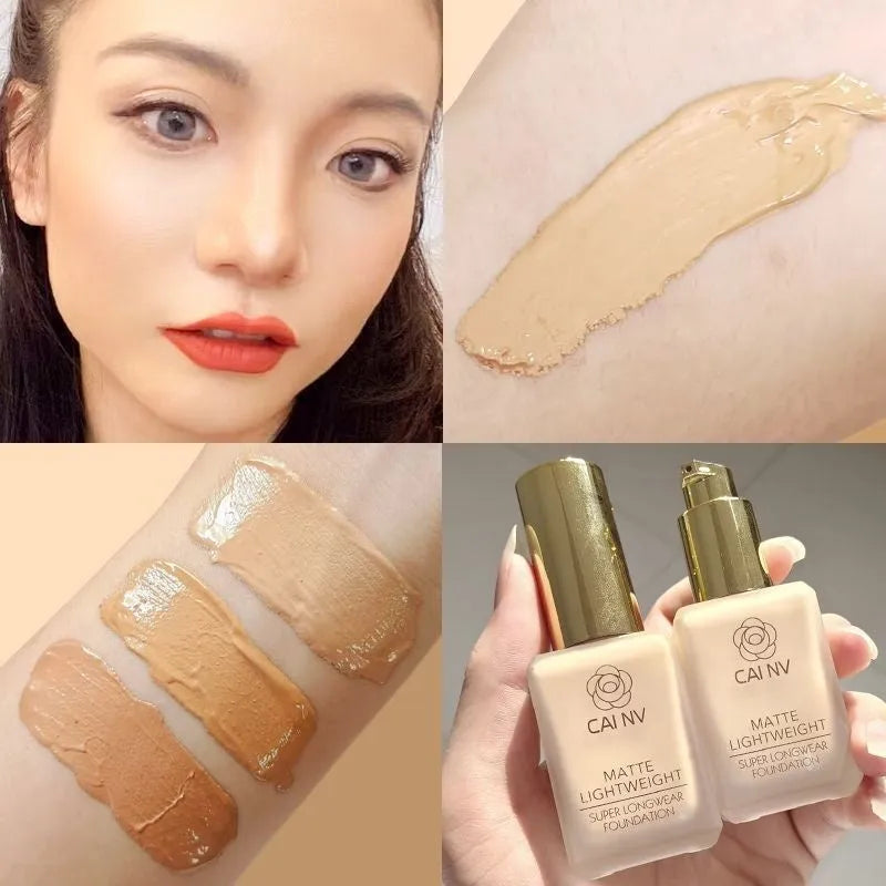 Wheat colour liquid foundation in black leather case with white blend agent for combination skin