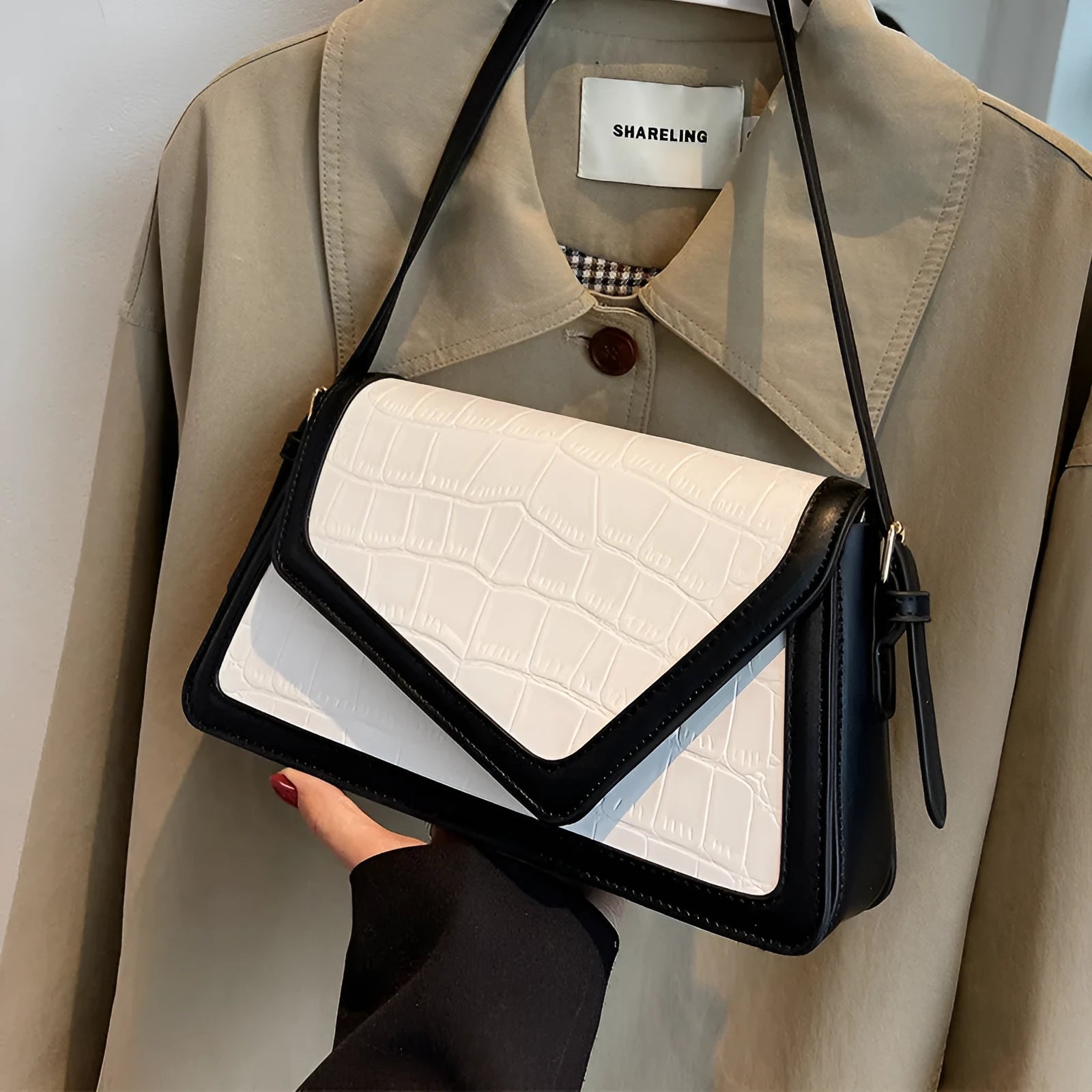 Stone pattern textured square shoulder bag in neutral colour with urban simplicity design