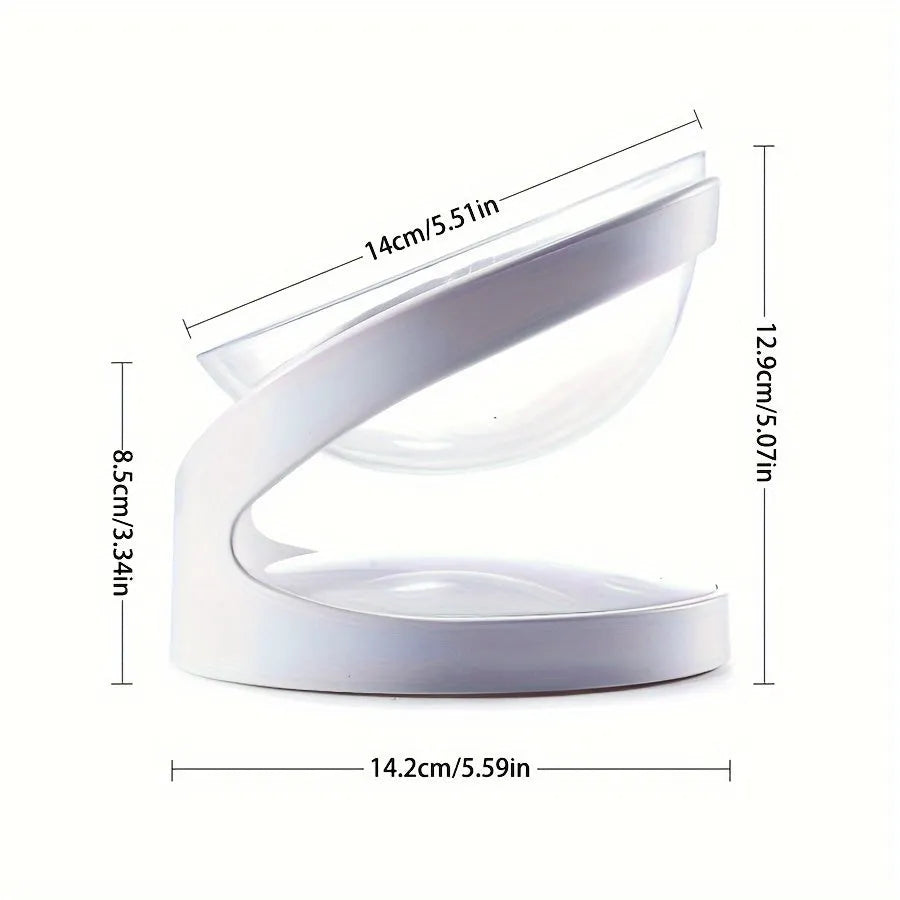 White elevated plastic cat food bowl with a tilted feeding surface for neck protection.