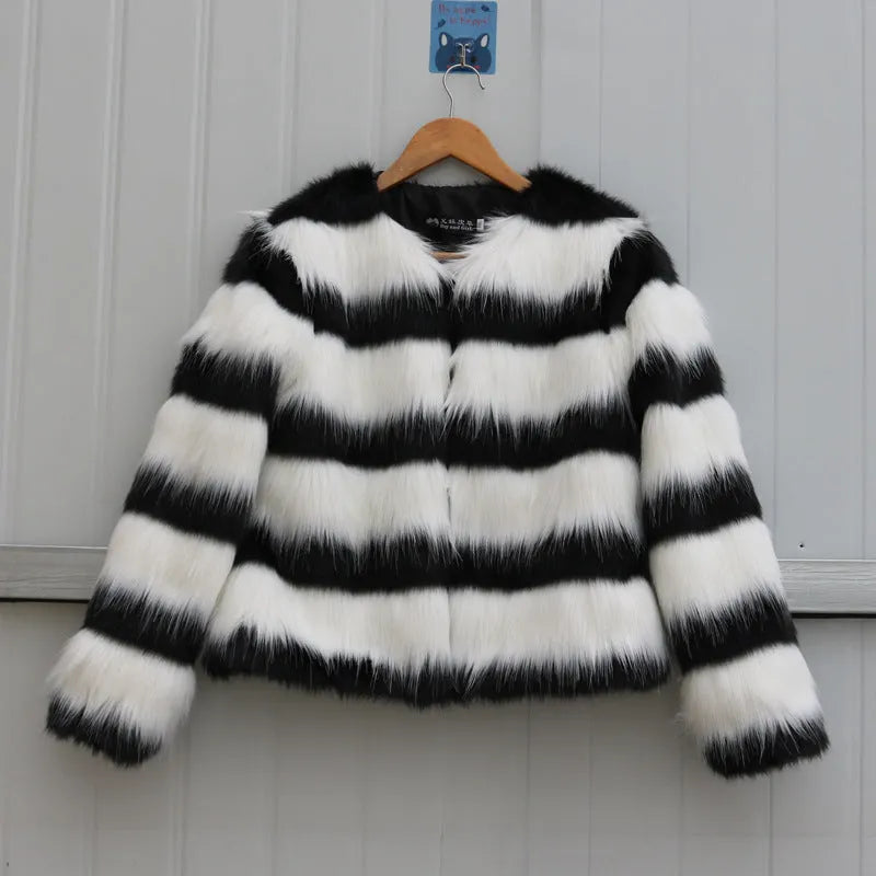 Black and white striped faux fur leather jacket for women, long sleeve street fashion outerwear.