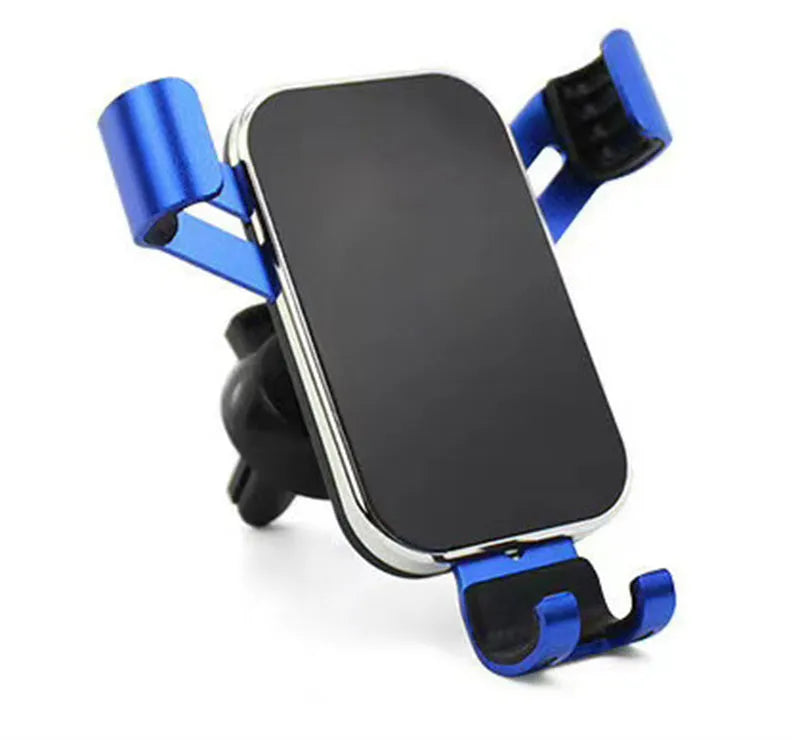 Aluminium alloy car phone holder with electroplated finish, shown in black, blue, red, or silver