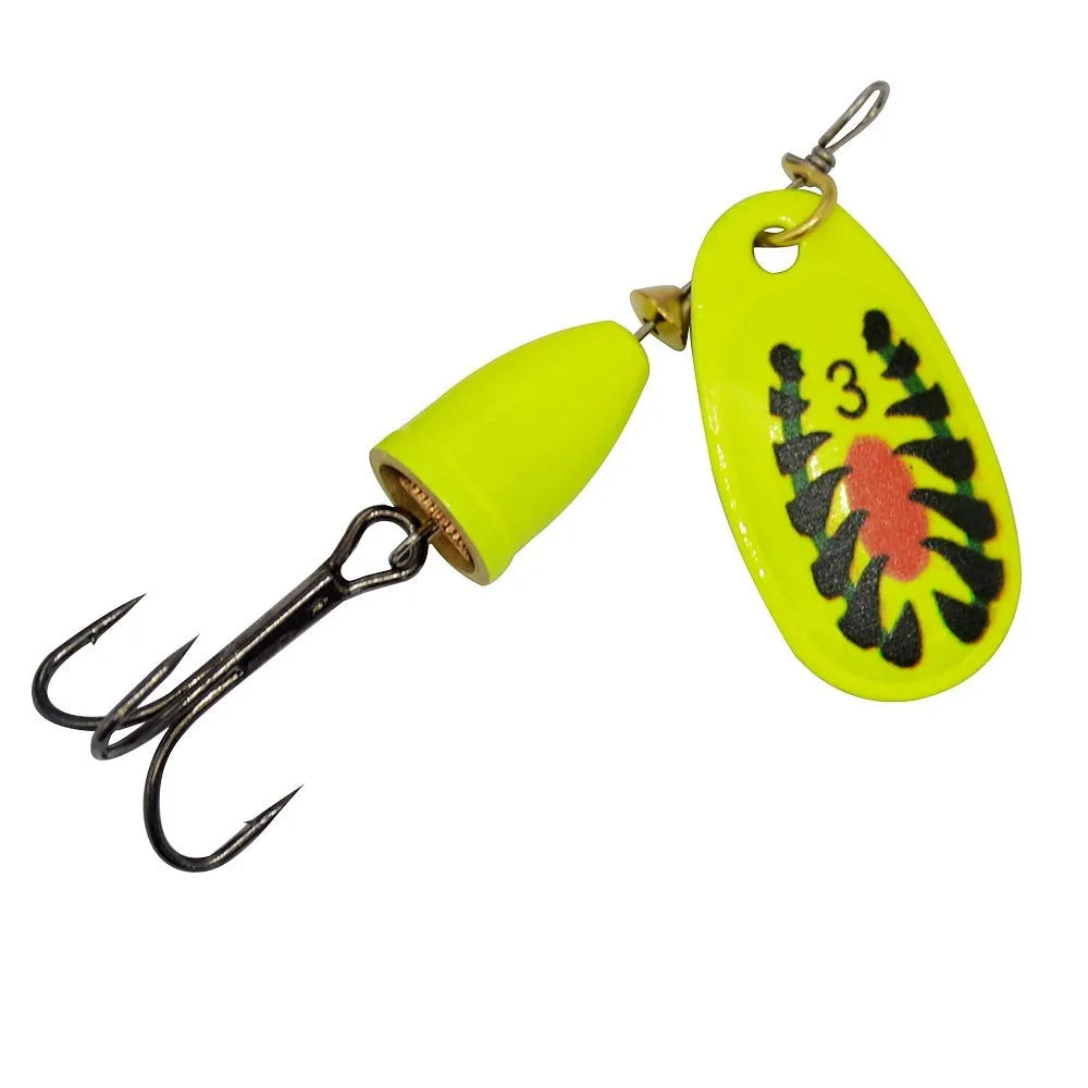 R composite rotating sequin copper bell fishing lure in gold colour variant on a blue background