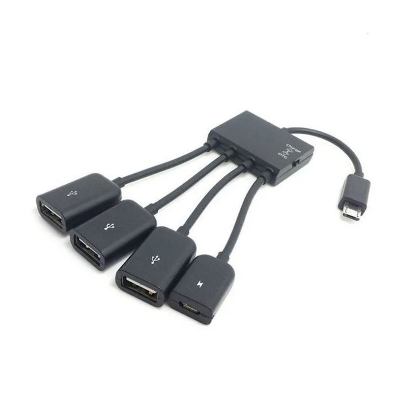 Black Micro USB OTG one-to-four adapter cable with switch and three USB ports