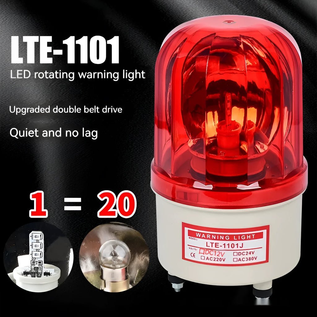 LTE-1101J industrial rotating strobe warning light with sound alarm, shown with red lens.