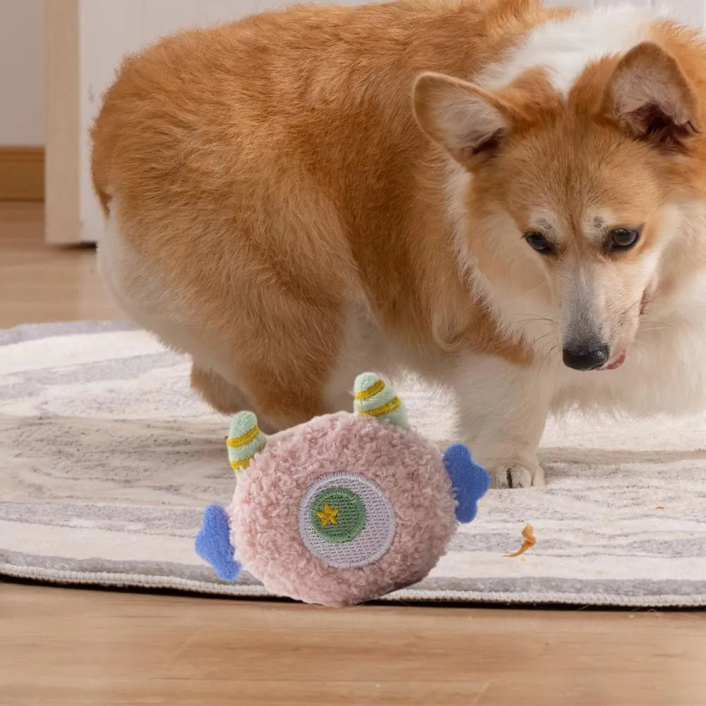 Cartoon-shaped plush dog toy with big eyes and built-in squeaker for interactive play
