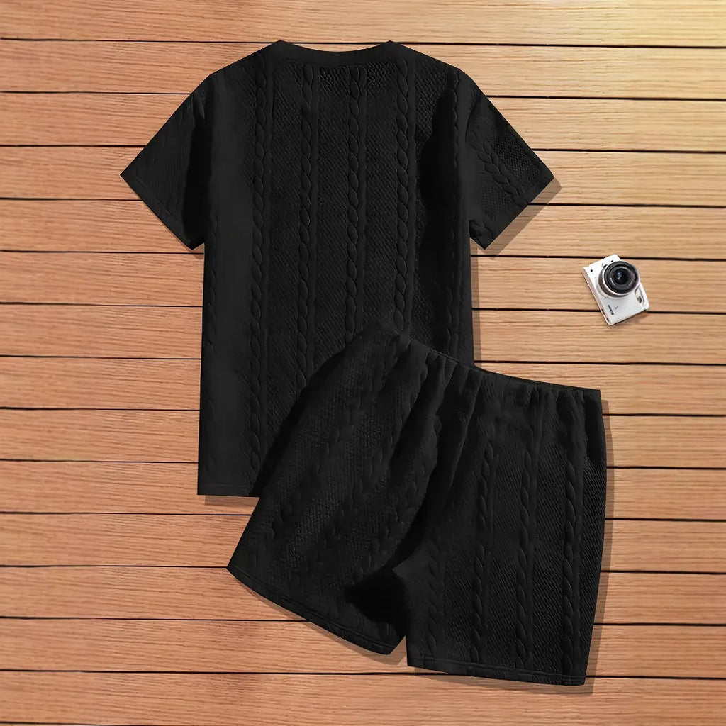Men's black solid colour short sleeve ribbed T-shirt and matching shorts sportswear set with patch design