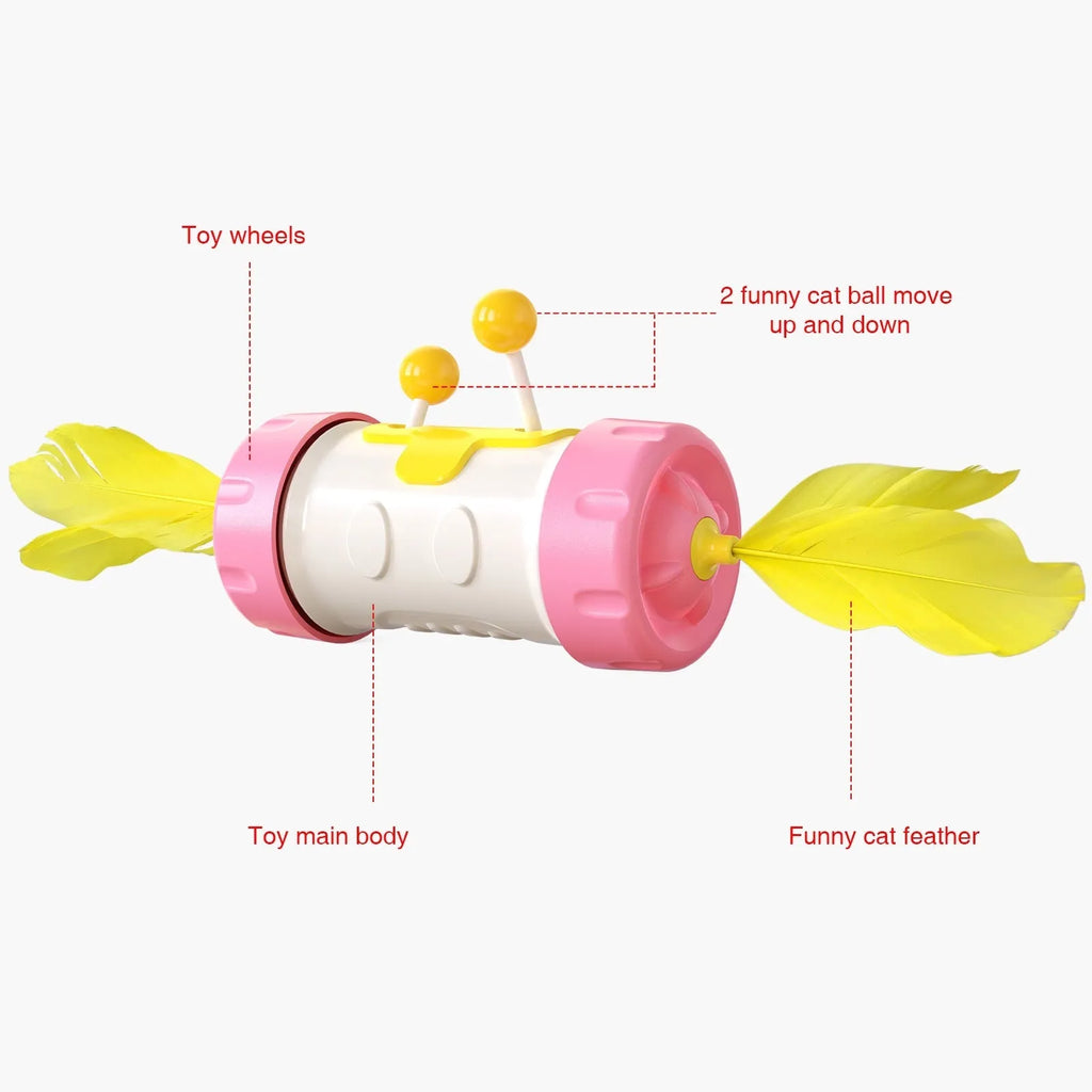 Set of three cat toys: a feather wand, a colourful ball, and a wobbling balance tumbler on a blue background.