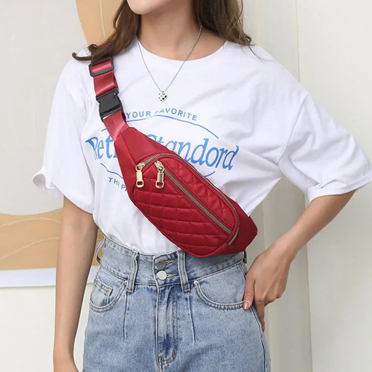 Rhombus nylon fanny pack for women, crossbody waist bag with zipper closure in solid colour, medium size, soft handle.