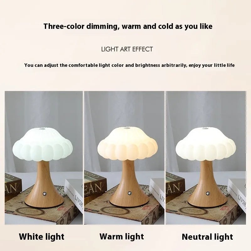 Mushroom-shaped touch lamp with USB charging port in cream colour