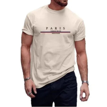 A loose-fit men's short-sleeve T-shirt with a printed letter design, shown in apricot colour.
