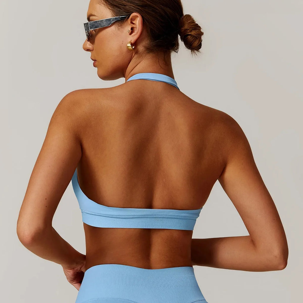 Halter style yoga underwear for women with hollow back design in black colour