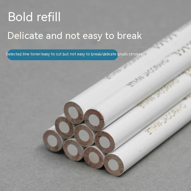Set of three white powder lead sketching pencils with wooden barrels for dark paper drawing.