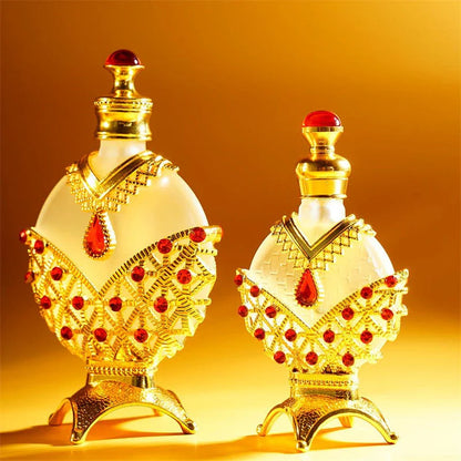 Luxurious perfume oil in a decorative glass bottle, featuring a floral, long-lasting fragrance for confident, radiant wear