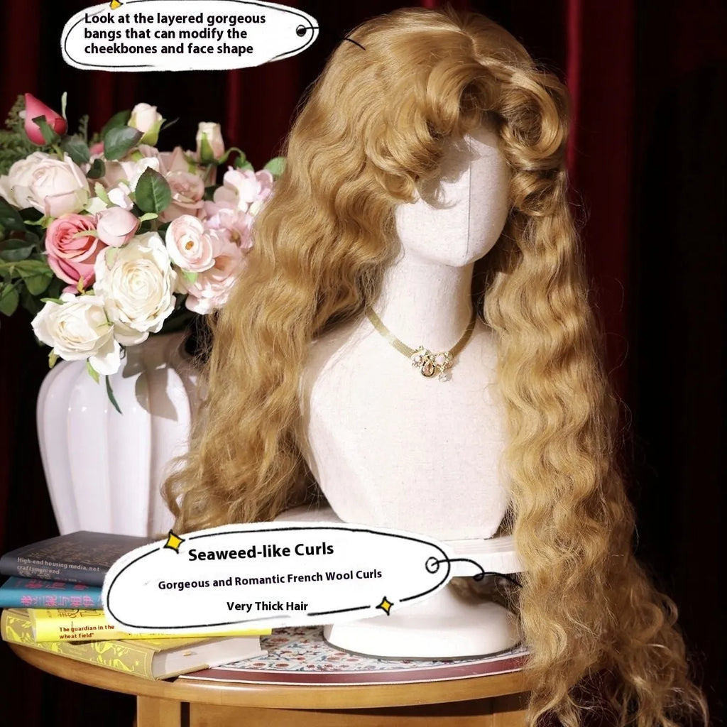 Long Lolita wig with French fluffy small curls in French Golden Brown, high temperature fibre style