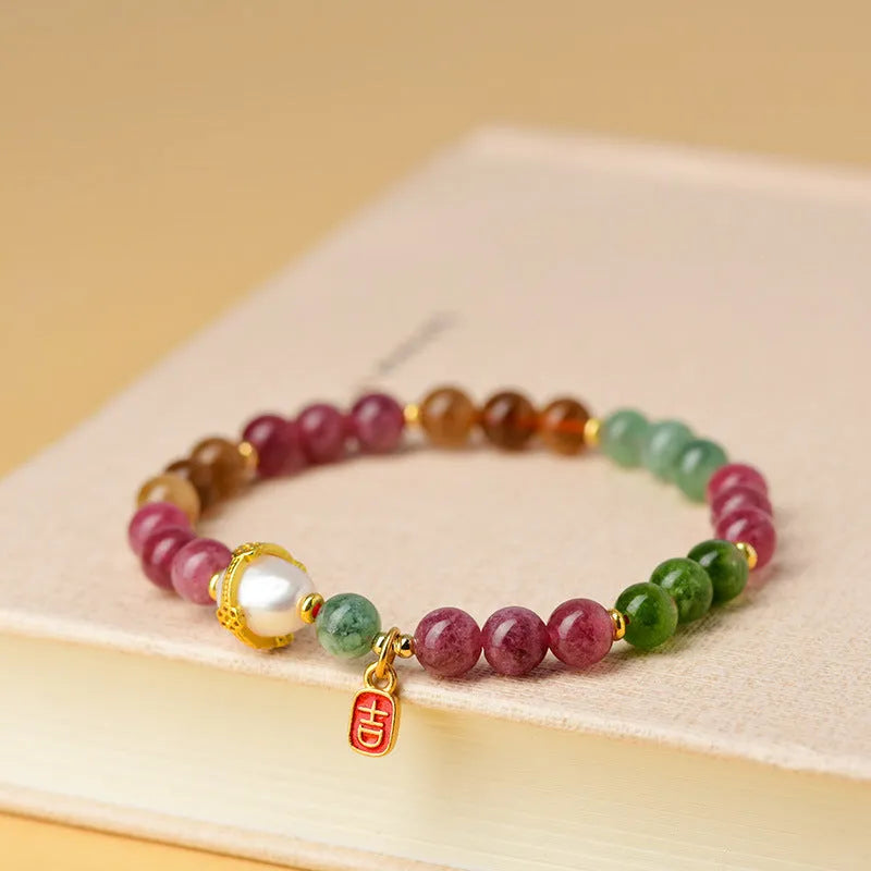 Chalcedony and tourmaline unisex crystal bracelet with 6.5mm geometry beads in colour Z054.