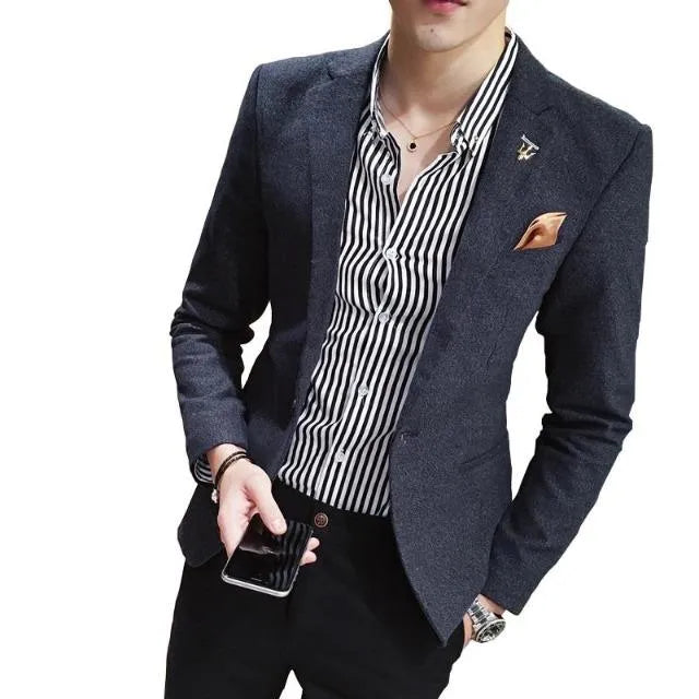 Men's casual suit jacket top in solid colour blue, made from cotton, front view