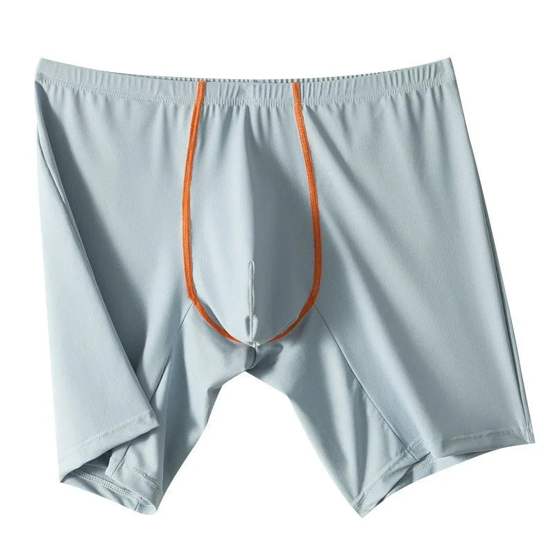 Ice silk nylon men's boxers on a mid-waist hanger, showing the U-convex pouch and available colour options.
