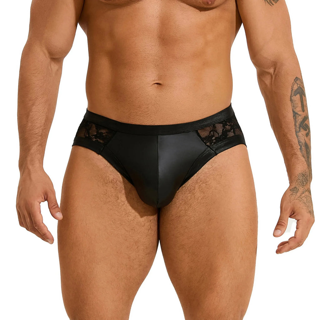 Men's black faux leather briefs with lace-up front detailing and stitching accents