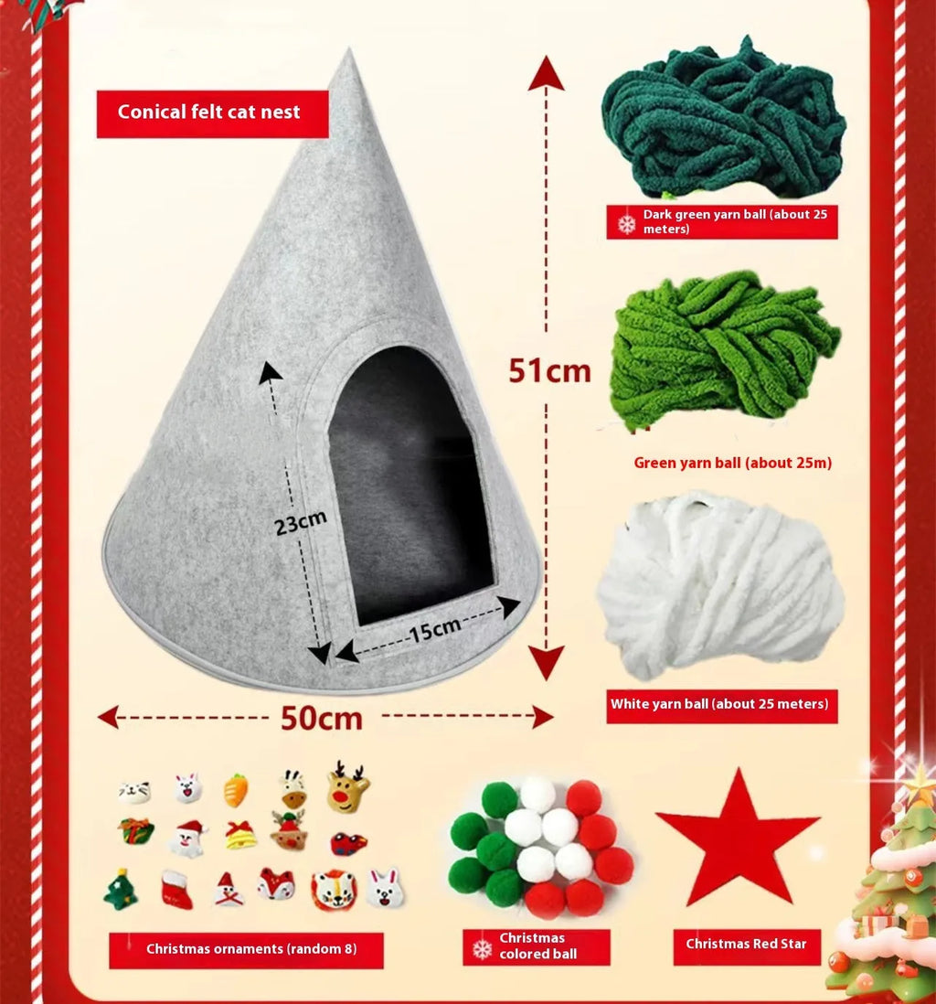 Grey cone-shaped felt cat house with enclosed tent design for indoor cats