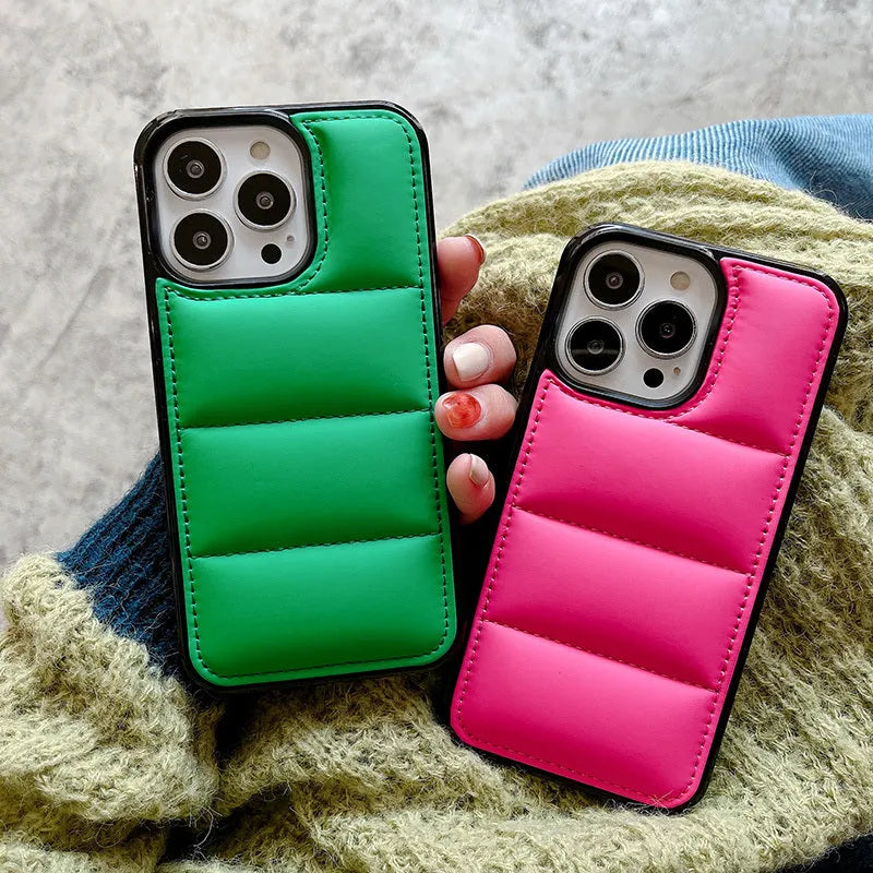 Candy Down Jacket shaped solid colour iPhone case in black, white, rose red, and green.
