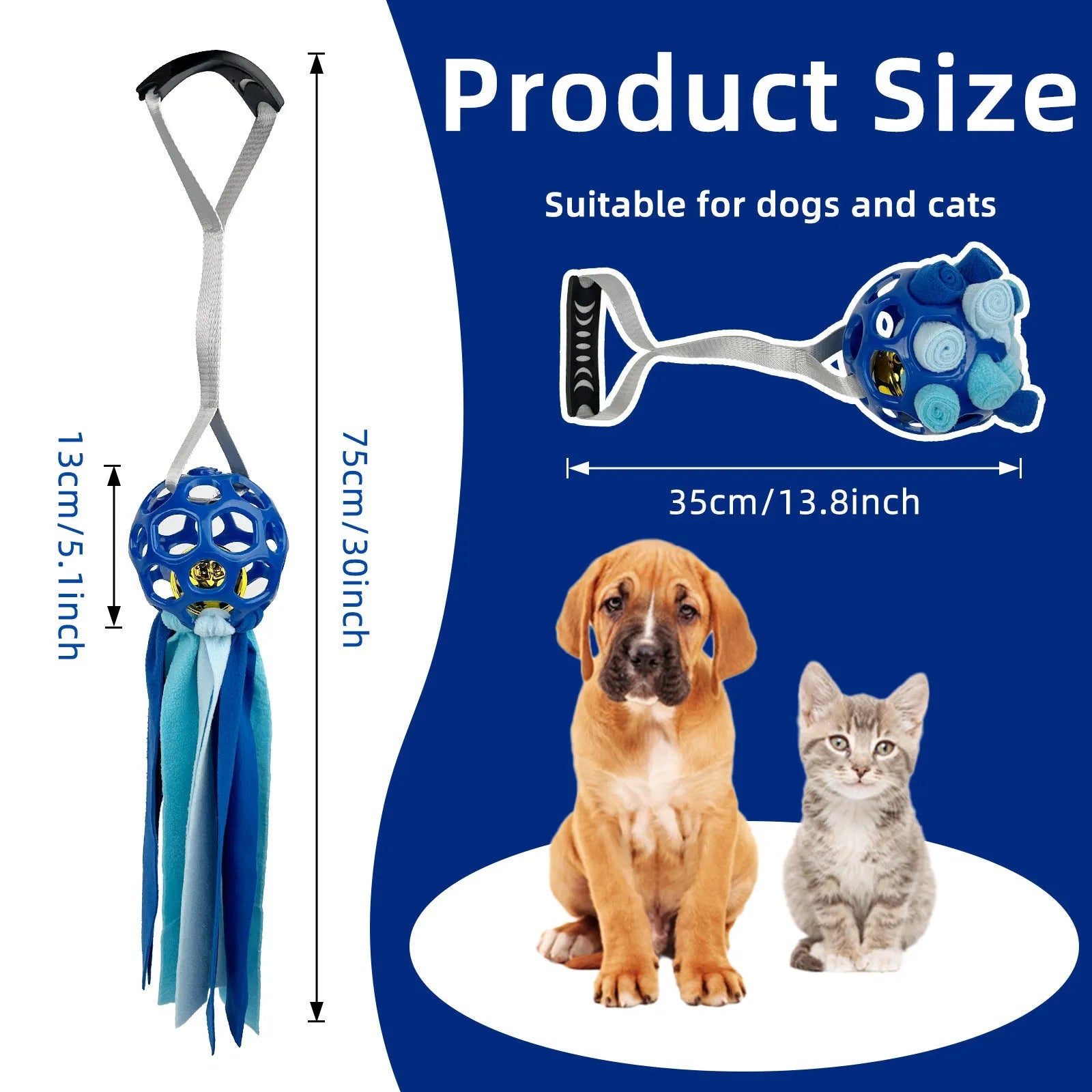 Interactive hollow TPR pet toy ball with sound bells in five colour options
