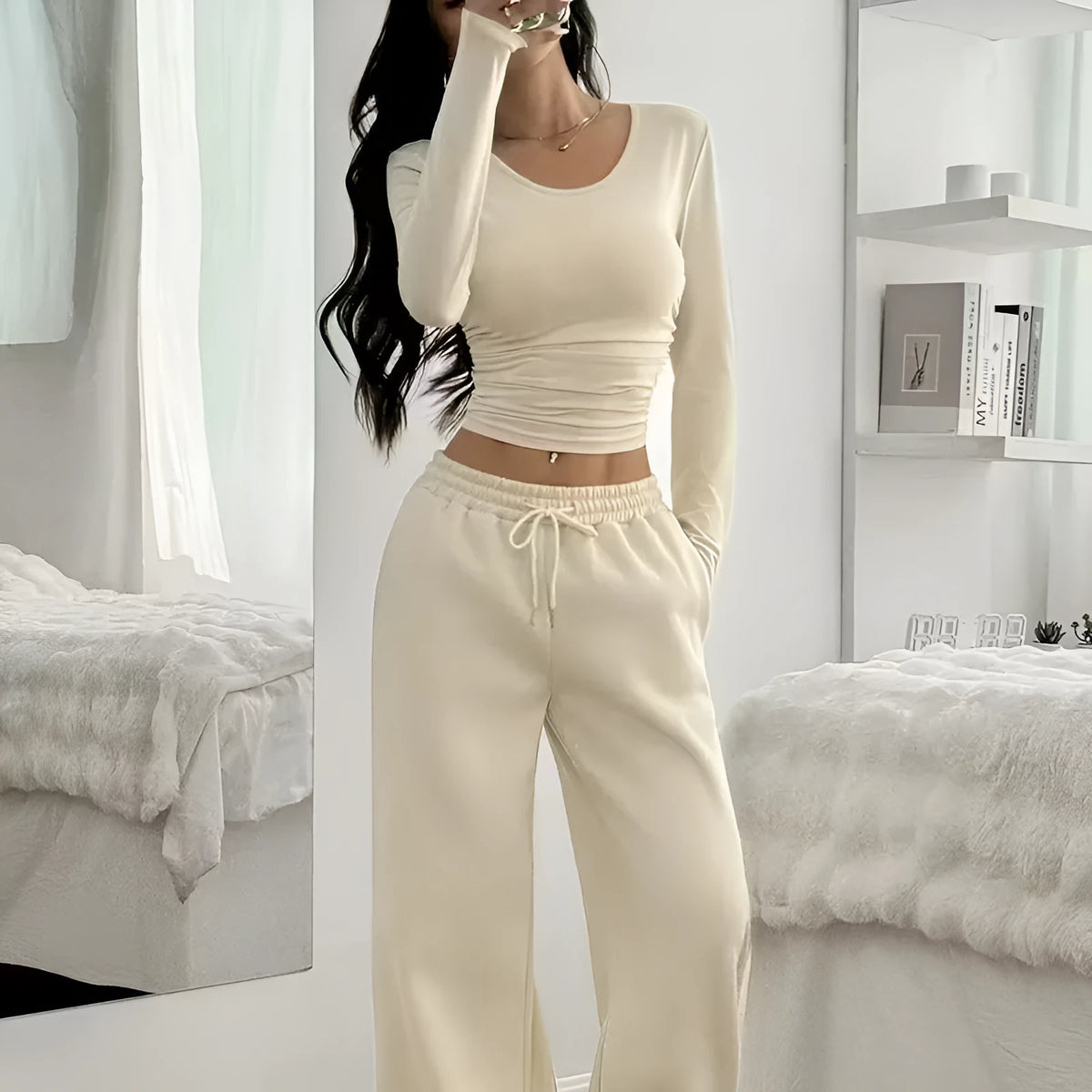 Women's long sleeve solid colour vest and pants suit in beige white polyester knit, sizes S to XL