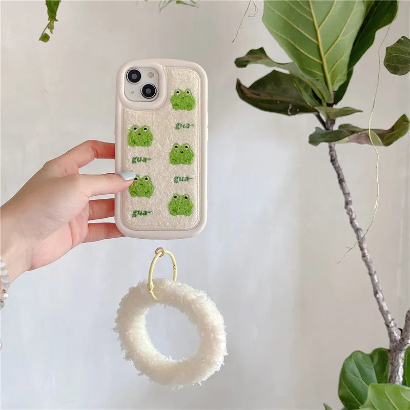 Anti-fall flannel phone case with towel embroidery five little frogs design for iPhone, front view