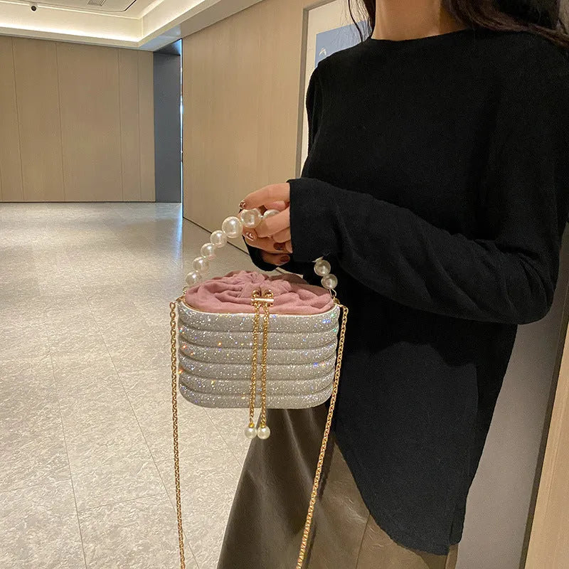 Women's round one-shoulder crossbody bag with pearl bead decoration in European retro style