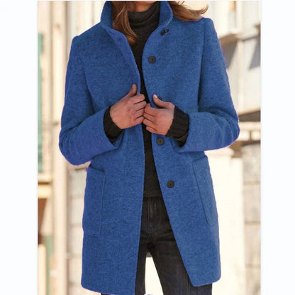 Fashionable wool coat with stand collar, pockets, and a variety of color options for casual fall and winter wear