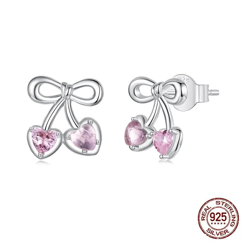 Sweet cherry stud earrings in S925 sterling silver with romantic heart detail, fairy style for women