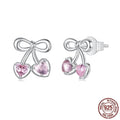 Sweet cherry stud earrings in S925 sterling silver with romantic heart detail, fairy style for women