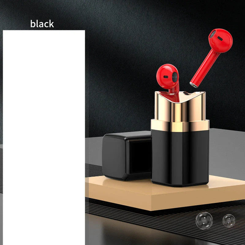 Stylish Bluetooth earbuds with lipstick-inspired design, noise-cancellation, and hands-free calling capabilities