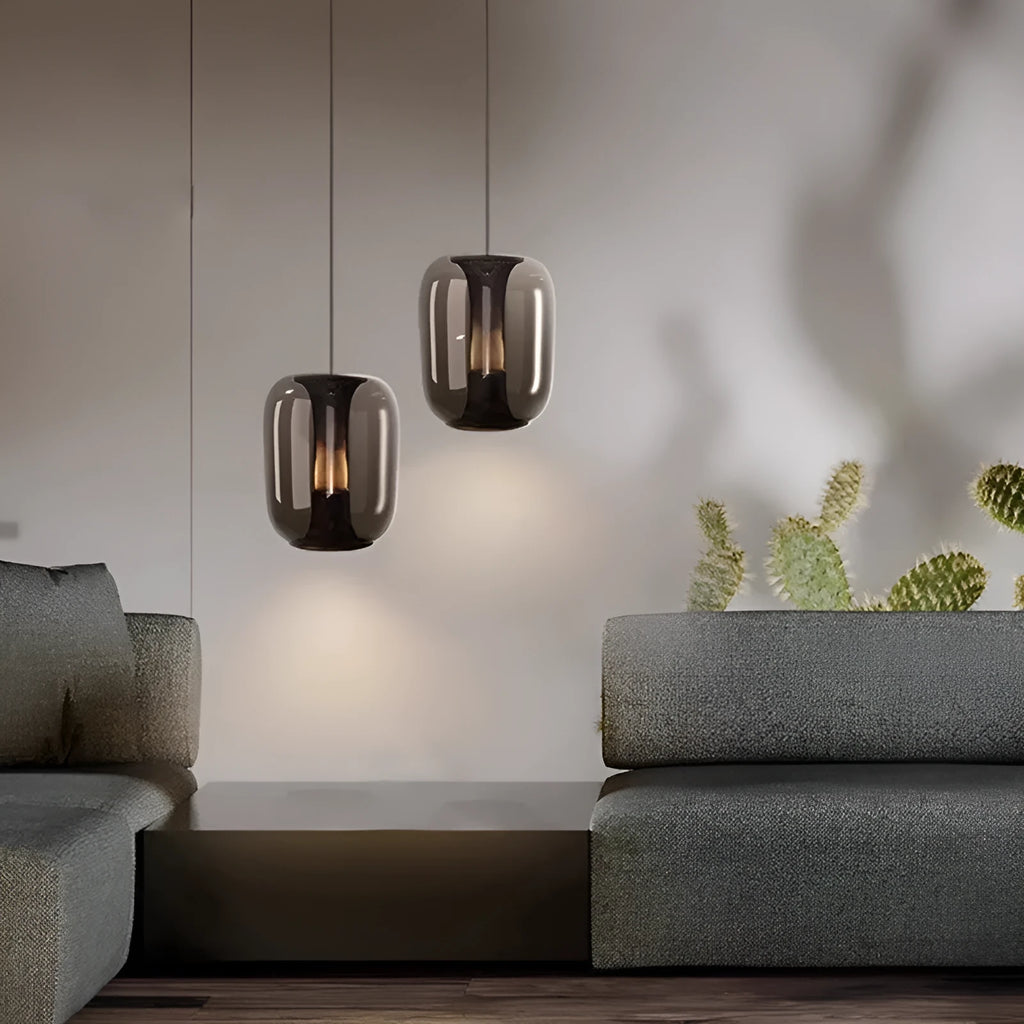 Nordic minimalist chandelier with 16cm diameter shown in transparent, cognac, and smoky grey colour options