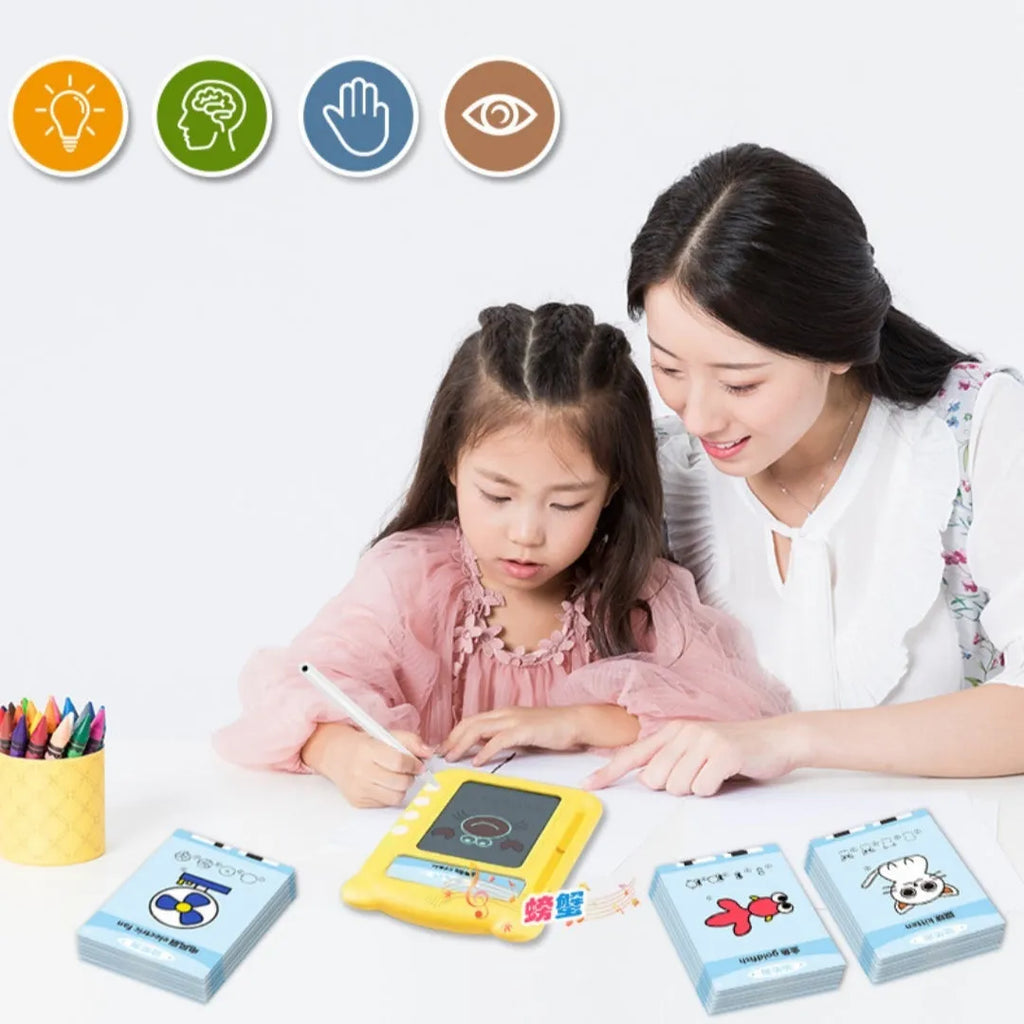 Yellow bilingual early learning machine with educational cards for English letters and Chinese character development