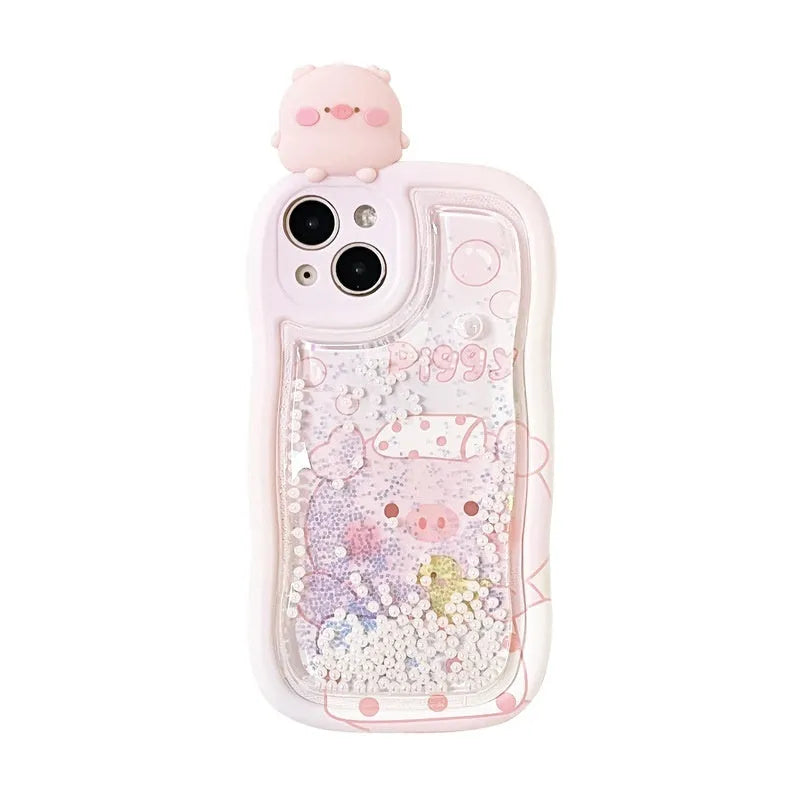 Pink lying pig quicksand phone case for iPhone with moving liquid inside water bag