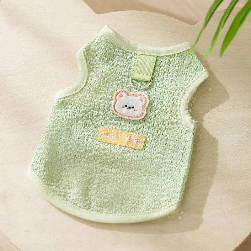 Bear patch cat clothes in hollowed-out knitted fabric showing breathable pattern