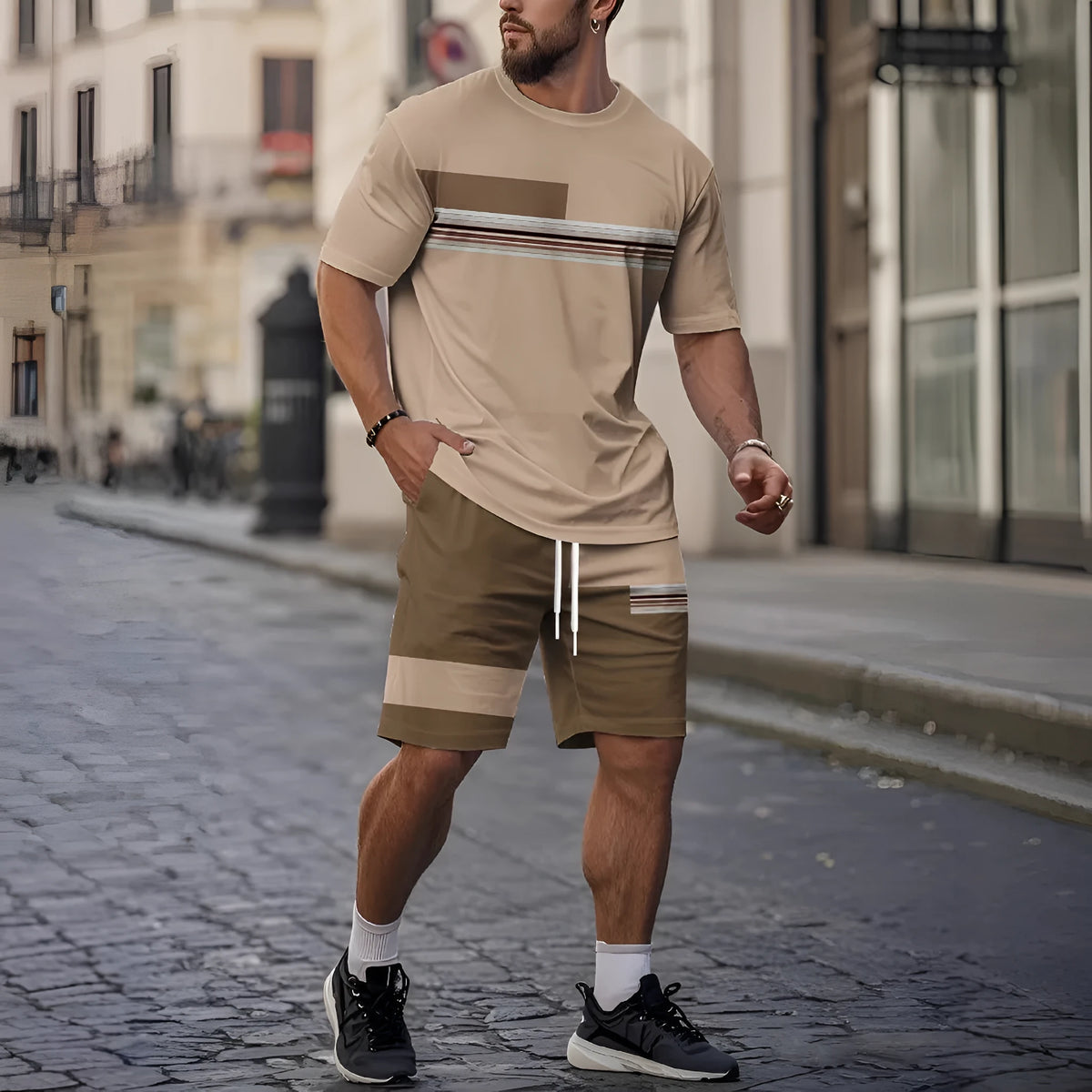 Men's casual shorts set with cartoon pattern in white, featuring short-sleeved shirt and matching shorts