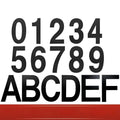 Black stainless steel sticky house numbers set showing characters A, B, 1, 2, 3 on adhesive backing.