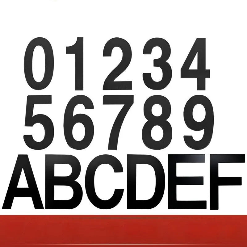 Black stainless steel sticky house numbers set showing characters A, B, 1, 2, 3 on adhesive backing.