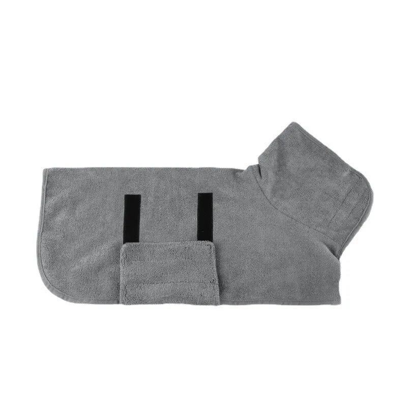 Grey nylon pet drying towel for dogs and cats laid flat, showing orange trim edge.